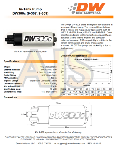DeatschWerks насос топливный 340л,  ч DW300 (серия: компакт) фото 2